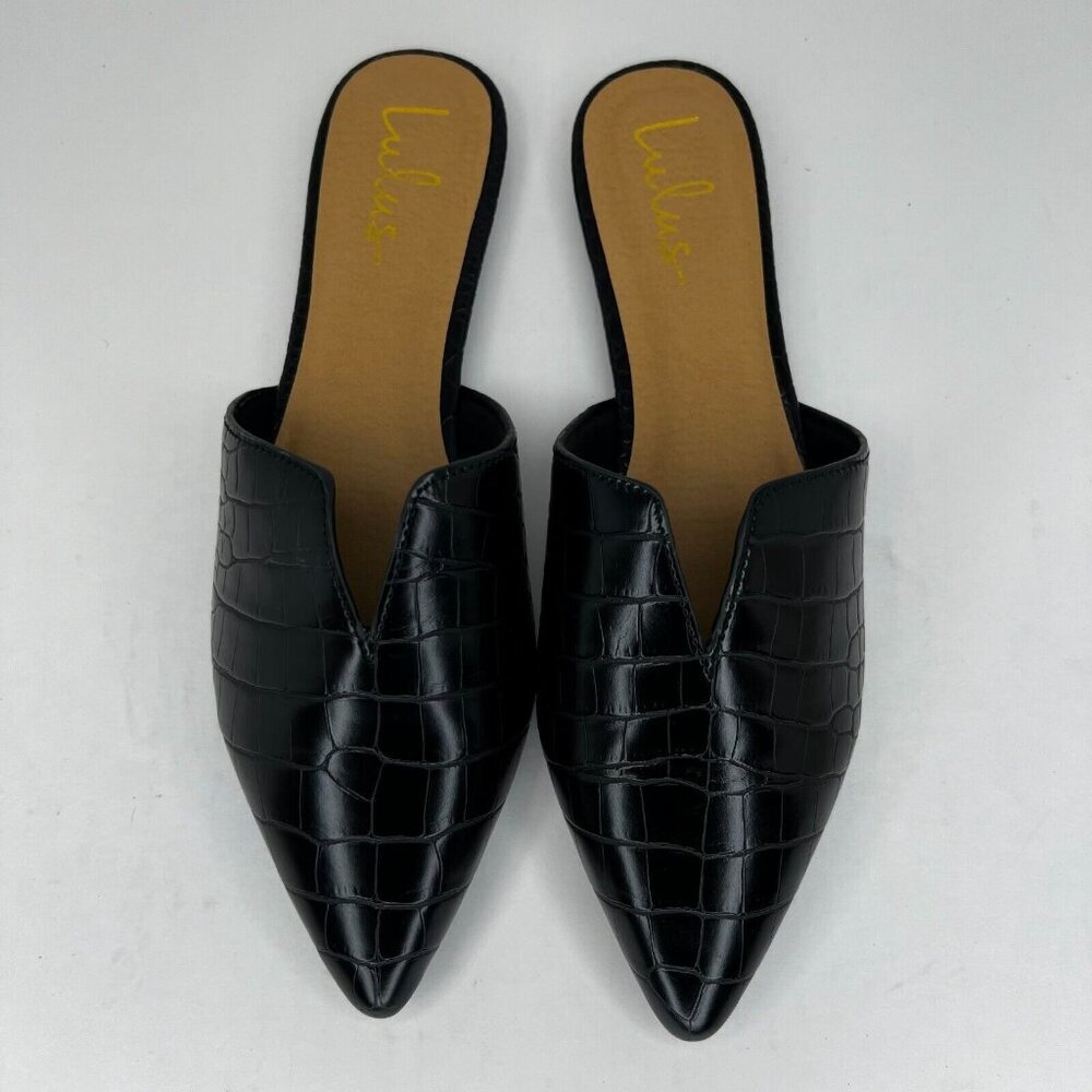 Lulus Womens Black Leather Shoes Mules Slides Open Back Pointed Size 9 Loafers - Picture 4 of 9